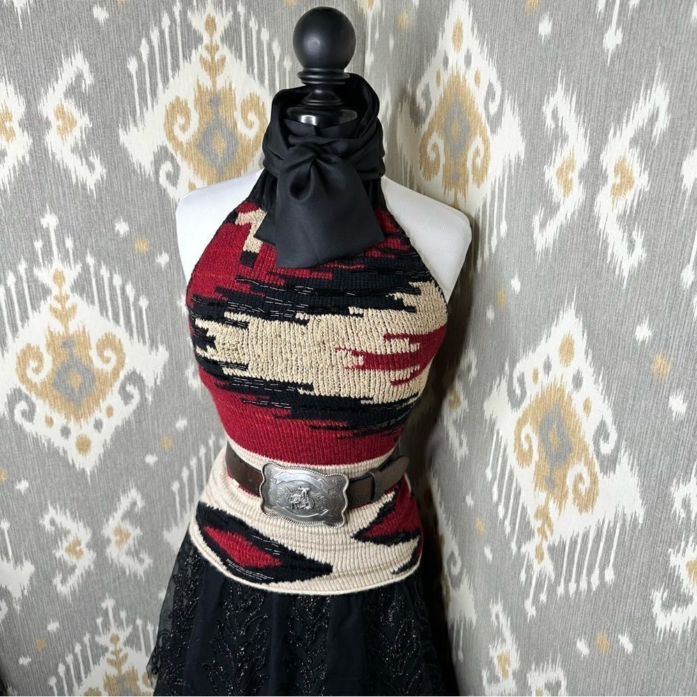 Ralph Lauren * 2011 Hand-Knit Red Beacon Blanket Beaded Halter with Silk Scarf - Picture 15 of 16